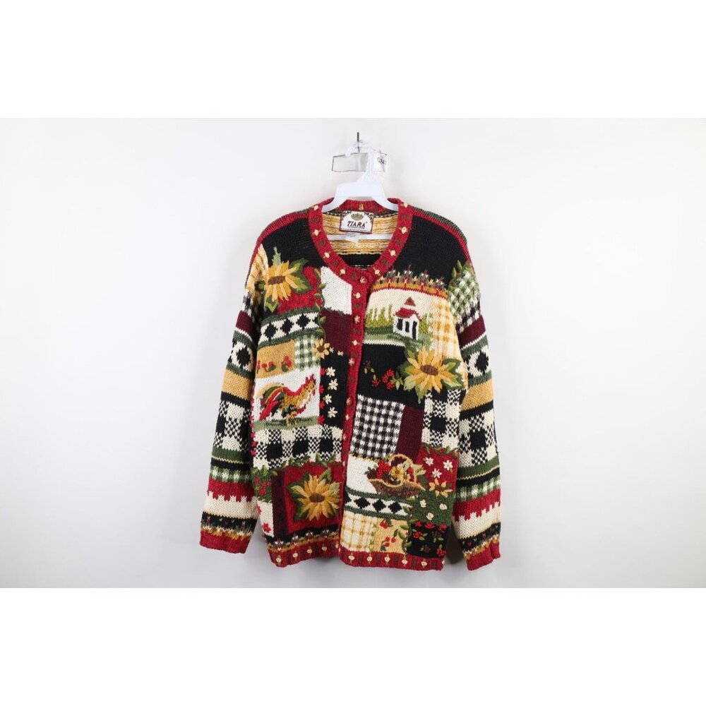 Vintage Y2K 2000 Womens Medium Farmhouse Country Flower Chicken Cardigan Sweater